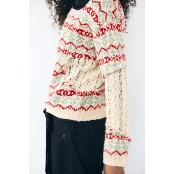 Multicolor Zara Wool-Blend Fair Isle Cable Knit Jacquard Chunky Sweater, NWT - Picture 5 of 6